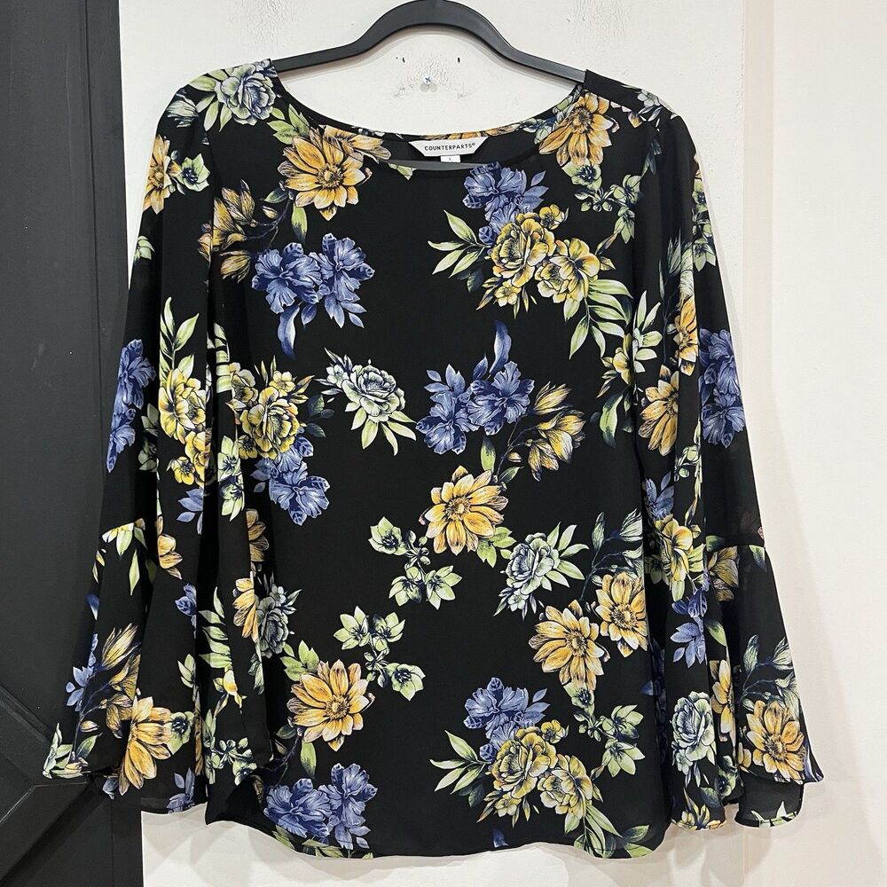 Counterparts Sheer Black Floral Bell Sleeve Blouse Size Large Boho